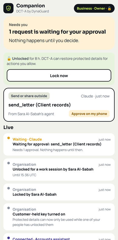 Desktop side panel showing a request to approve on the phone and live activity